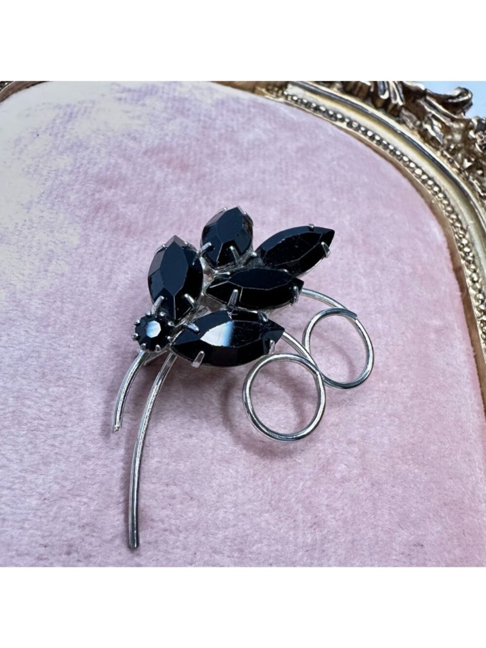 Vintage MCM Jet Black & Silver-Tone Floral Leaf Brooch Pin Mid-Century Modern - Picture 3 of 9